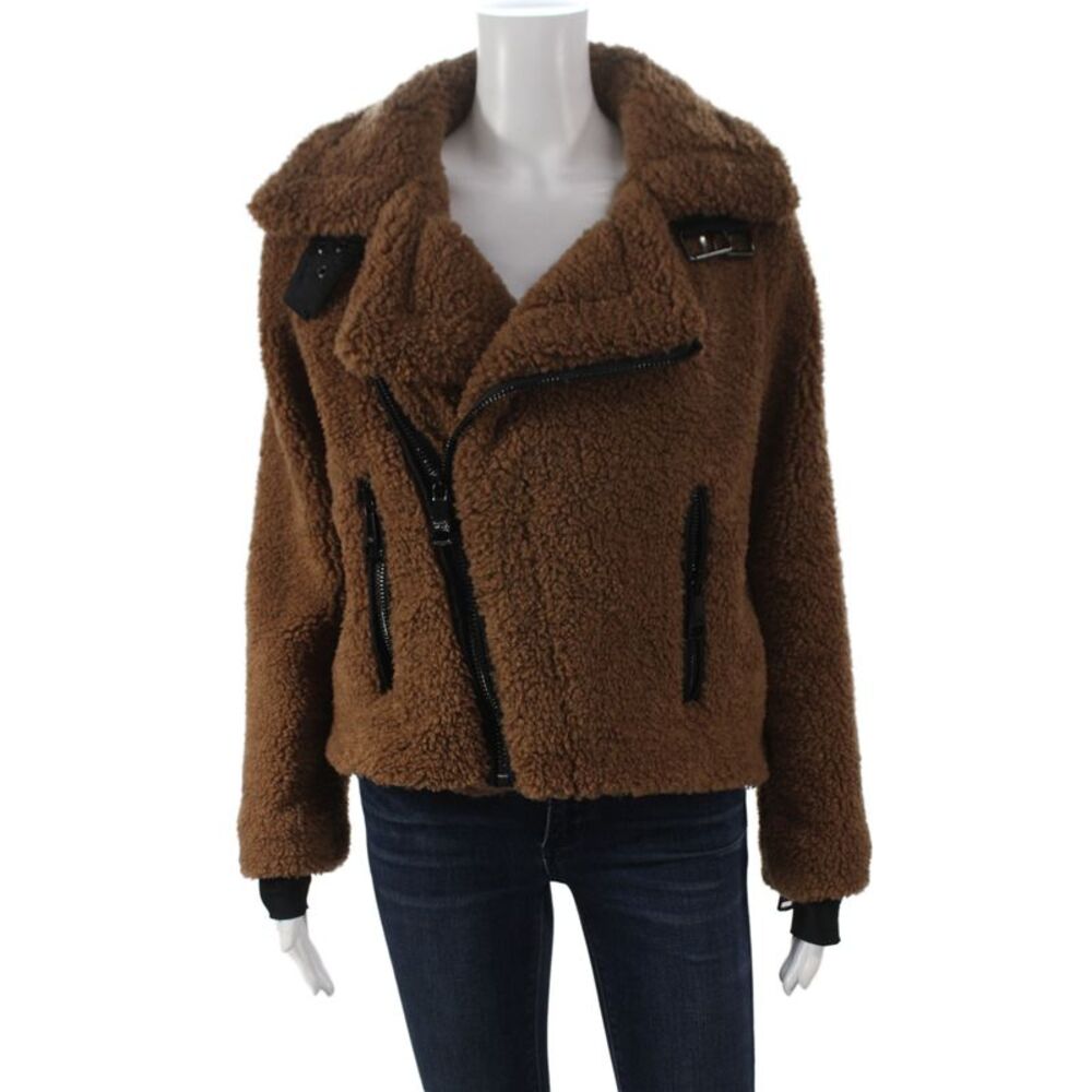 SAM New York Womens Faux Fur Biker Jacket Brown Zip Long Sleeve Size XS